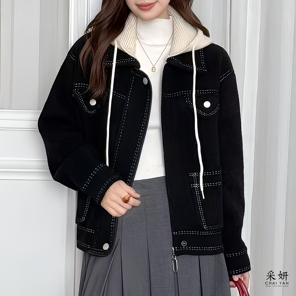 跳色虛線可拆帽翻領毛呢外套