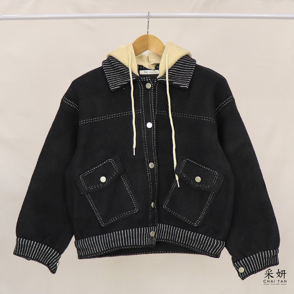 跳色虛線可拆帽翻領毛呢外套