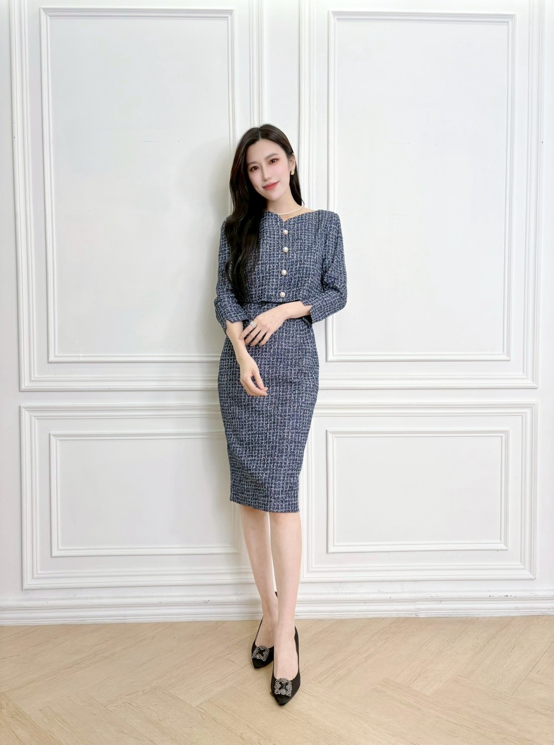 ( JS )小香風毛呢層次合身洋裝 - 深藍