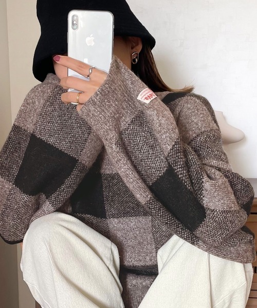 日本🇯🇵連線 JAVA 聖誕樹配色!蓬鬆大方格紋針織衫 學院風 復古 寬鬆 針織衫 針織 長袖 套頭衫 2色(任買兩件711免運)/預購