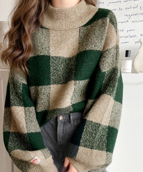 日本🇯🇵連線 JAVA 聖誕樹配色!蓬鬆大方格紋針織衫 學院風 復古 寬鬆 針織衫 針織 長袖 套頭衫 2色(任買兩件711免運)/預購