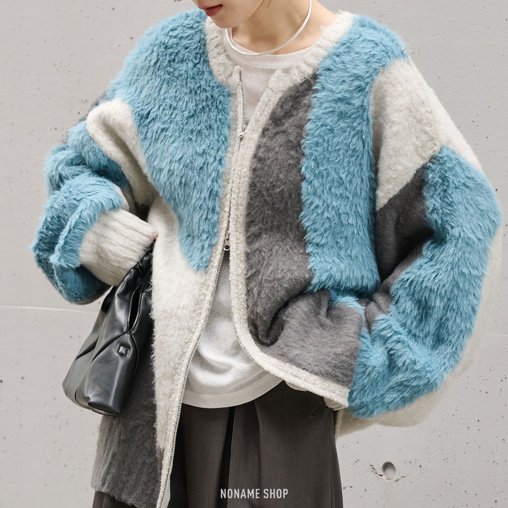 MONO-MART 2WAY 雙拉鍊 拼接 蓬鬆 混紡 針織 開襟衫 針織外套 四色 (女款)