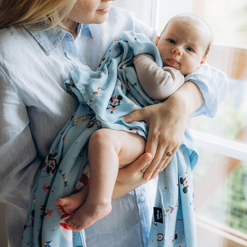 La Millou波蘭 Bamboo Muslin 100%竹纖銀離子紗布巾加大(115x140cm)｜米奇系列_馬戲團篇(Q版藍底)