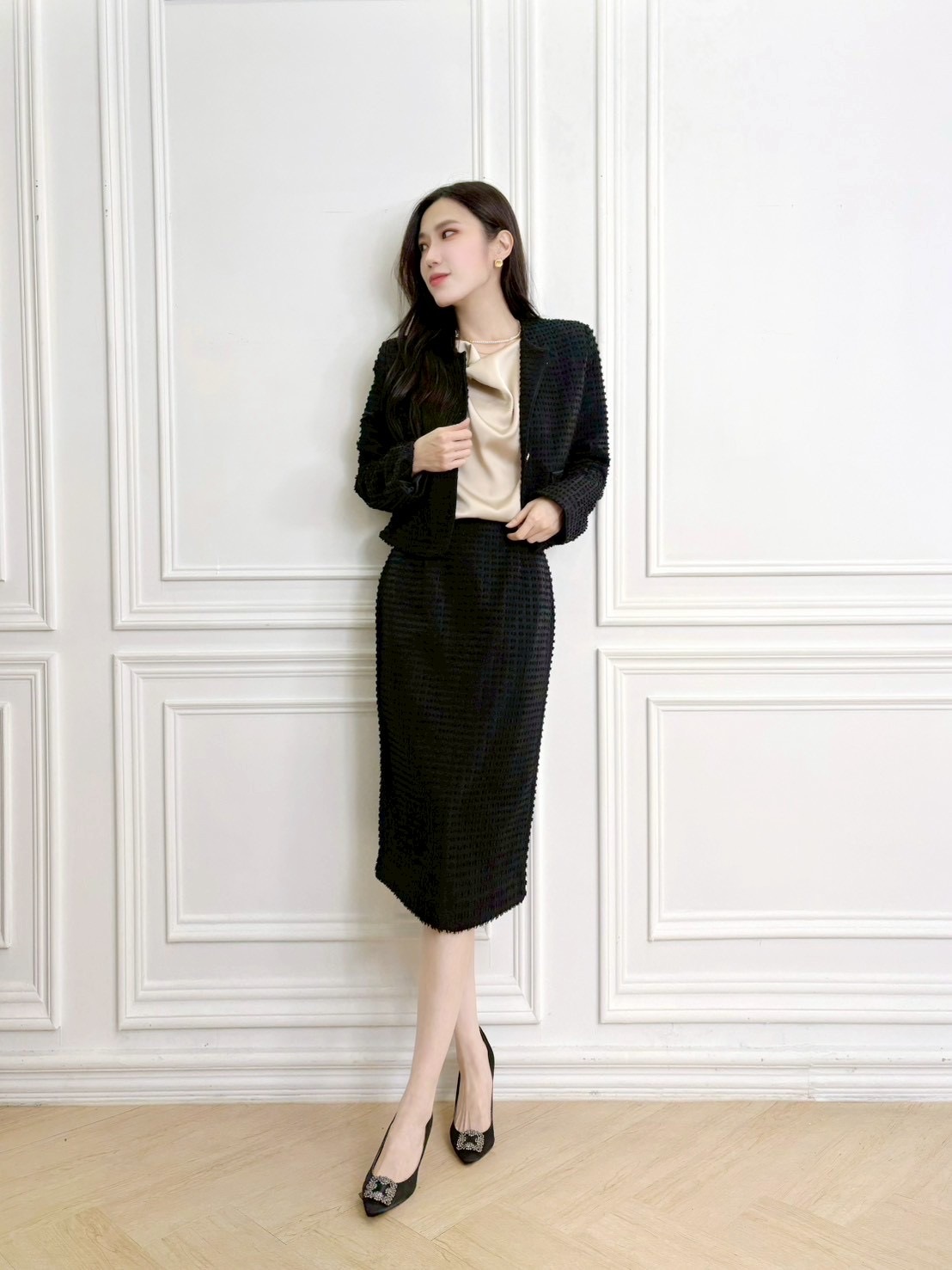 細緻格紋金釦套裝