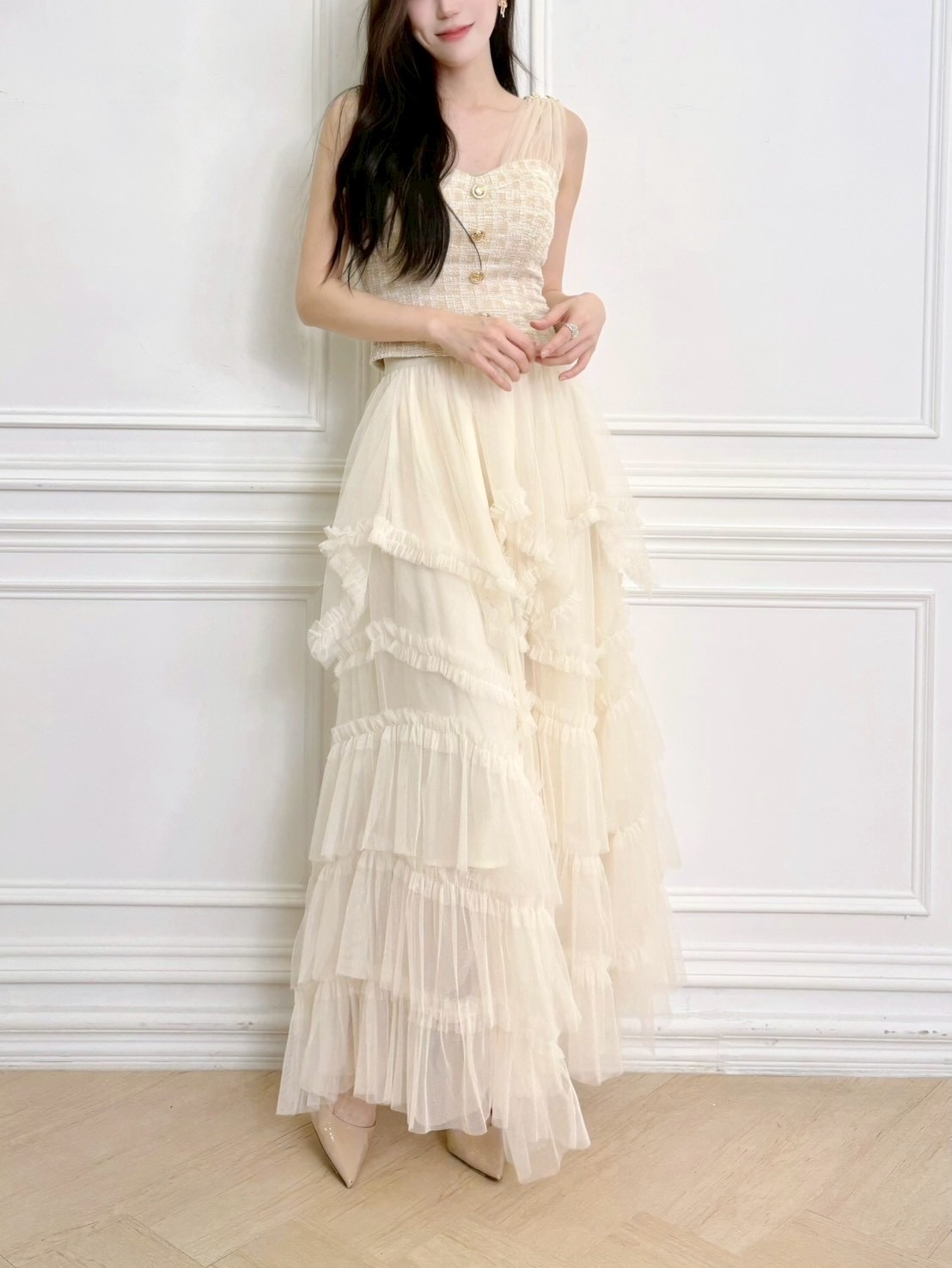 仙氣飄飄!多層次荷葉透紗長裙