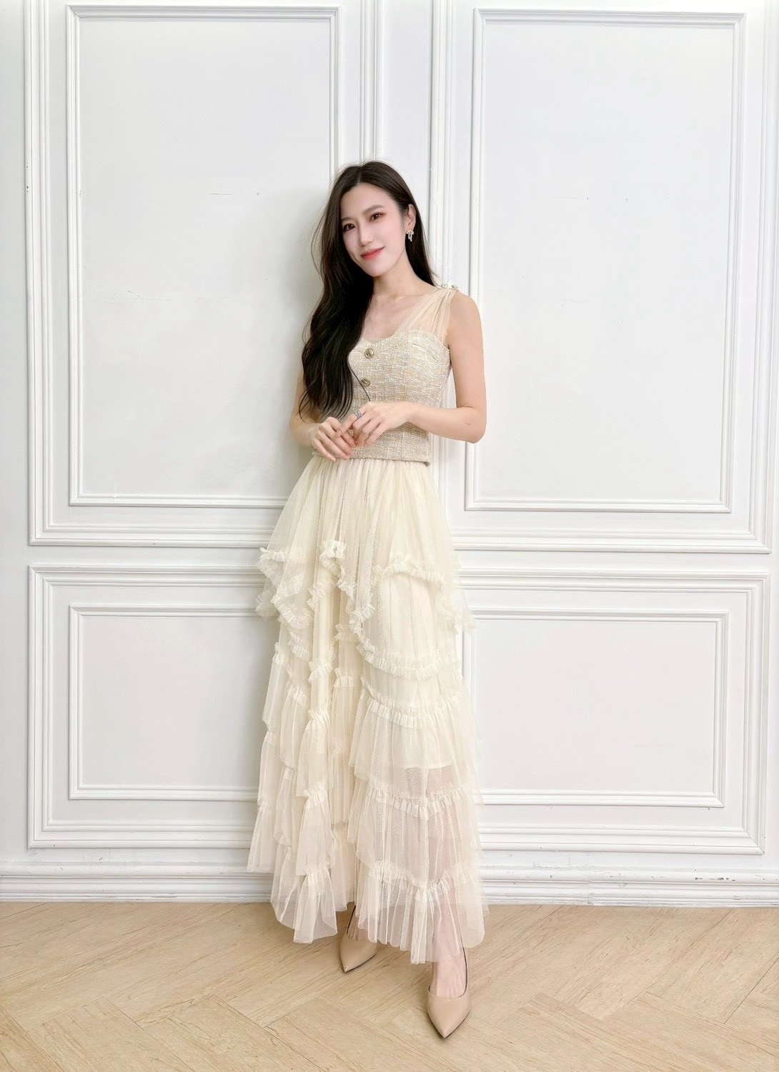 仙氣飄飄!多層次荷葉透紗長裙