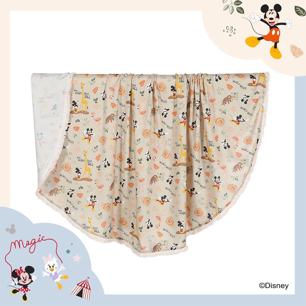 La Millou波蘭 竹纖涼感巾加大款圓形流蘇｜抗菌包巾｜米奇系列_動物園篇(質感棕底)