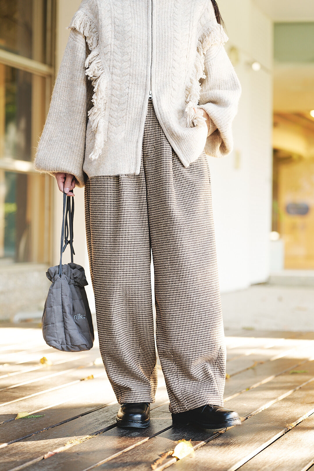 冬日暖陽！千鳥格毛呢寬褲(兩色-棕)