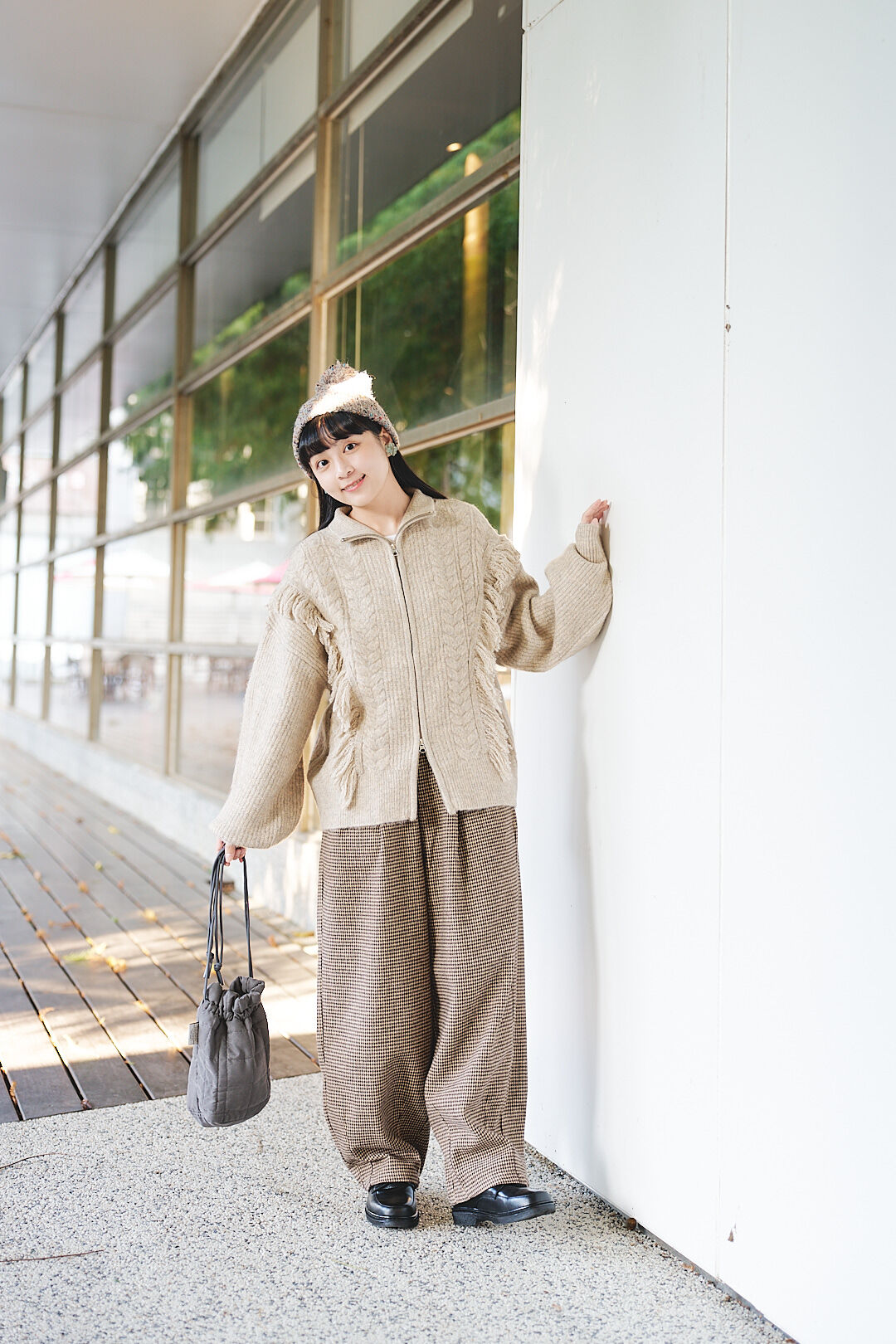 冬日暖陽！千鳥格毛呢寬褲(兩色-棕)