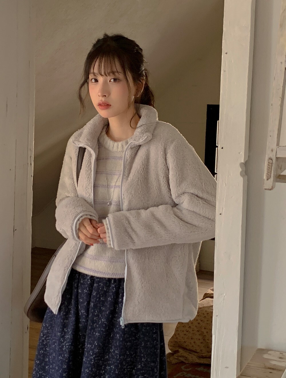 韓國grace muse授權 冬霧暖暖柔軟毛絨立領拉鍊外套