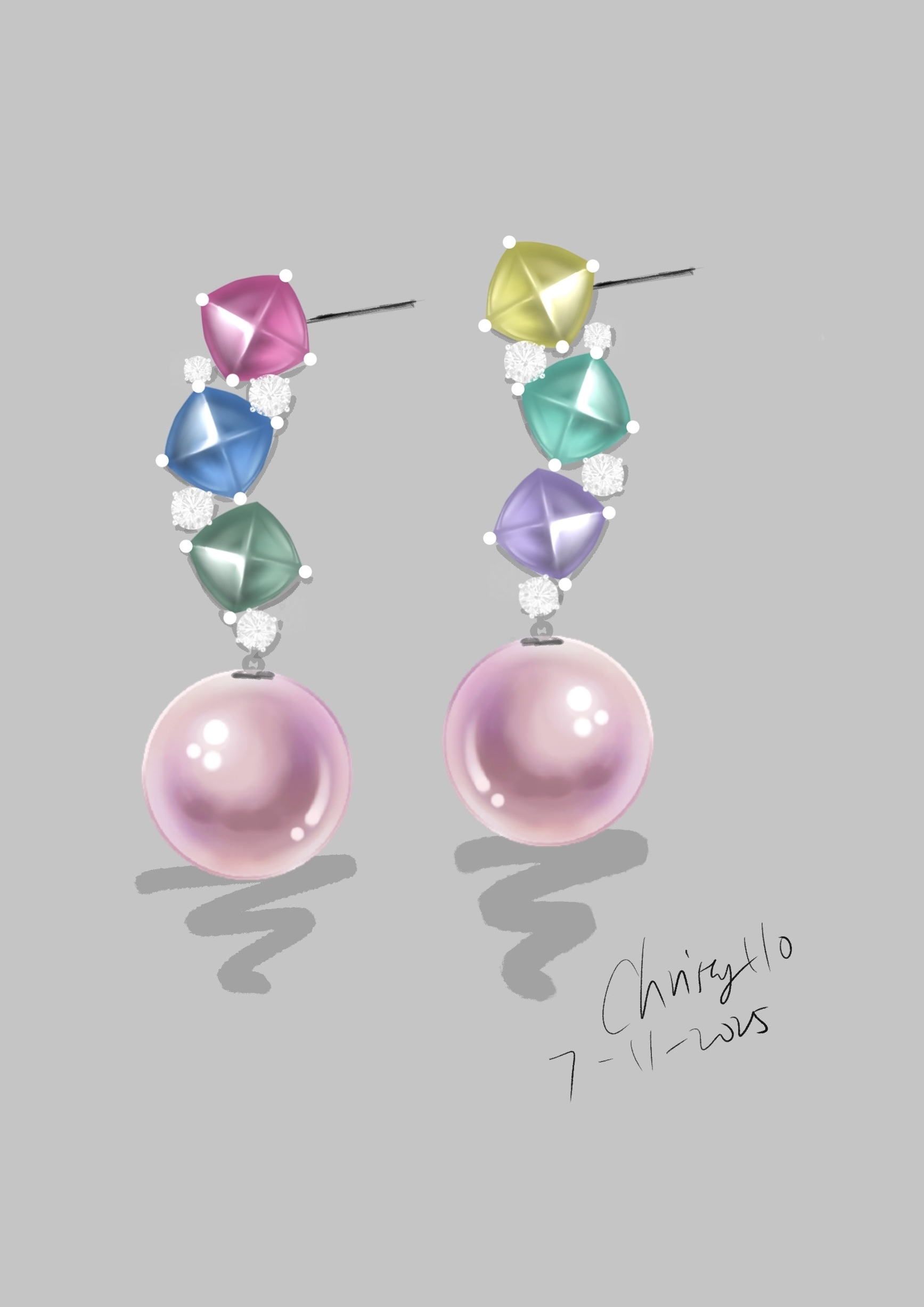 18K金頂級鏡面日本Akoya鑲嵌糖塔形藍寶石及鑽石耳釘