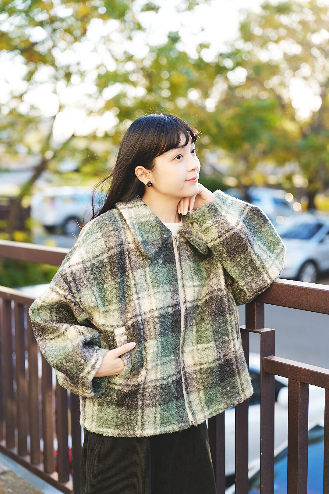 冬隅格映！絨毛拼色格紋外套(兩色-綠)