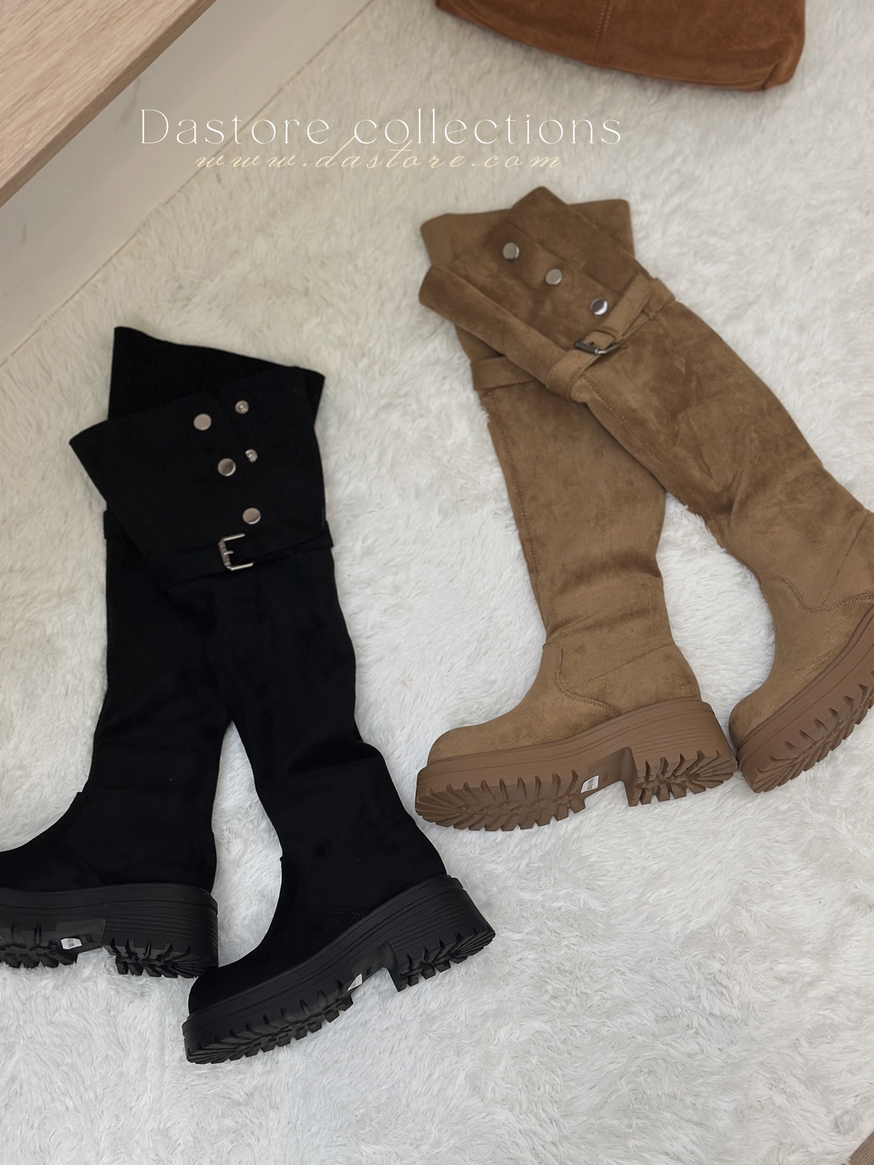 兩穿可反折增高麂皮長靴