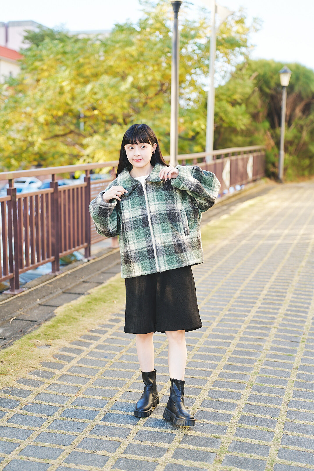 冬隅格映！絨毛拼色格紋外套(兩色-綠)