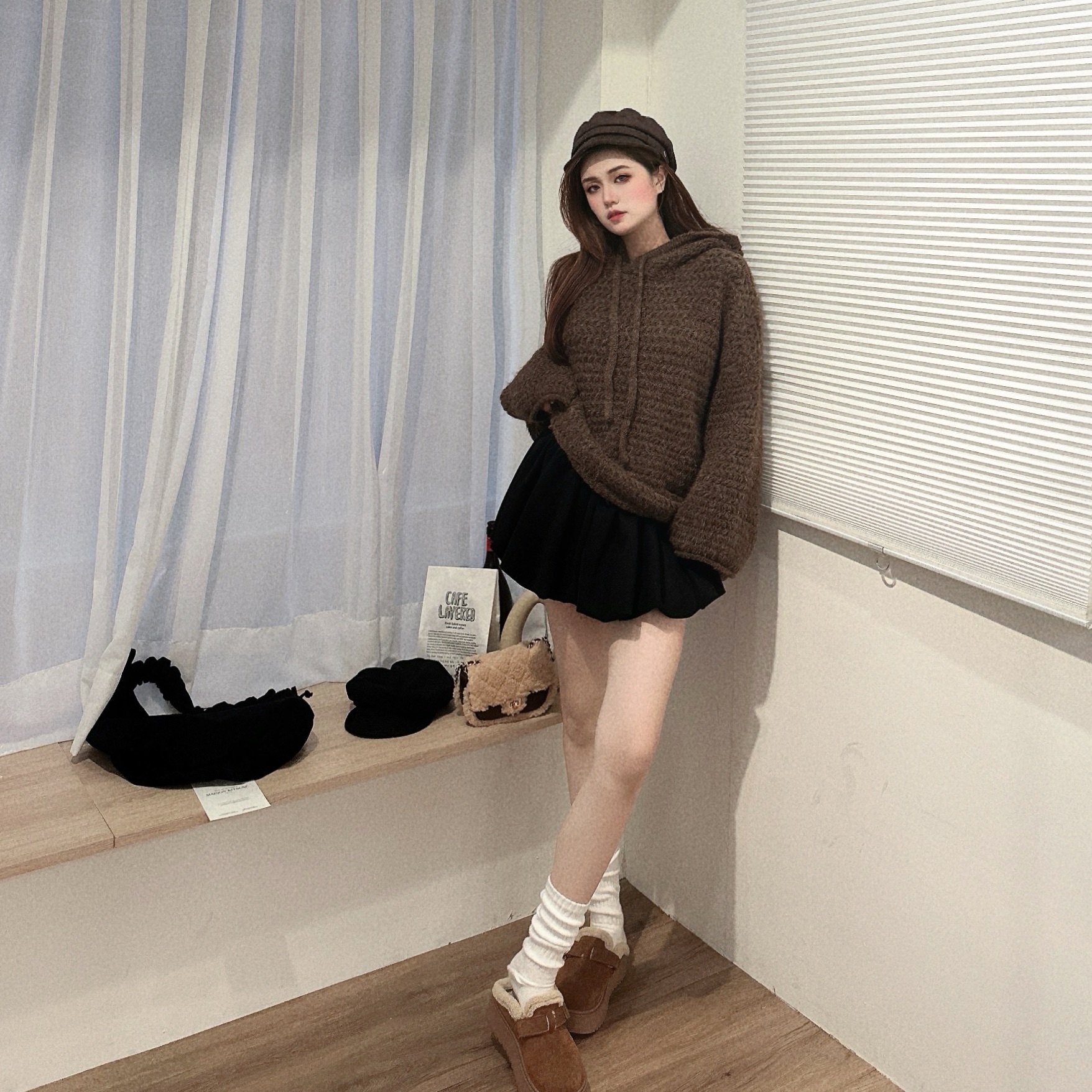 羊毛毛連帽粗針織毛衣/三色