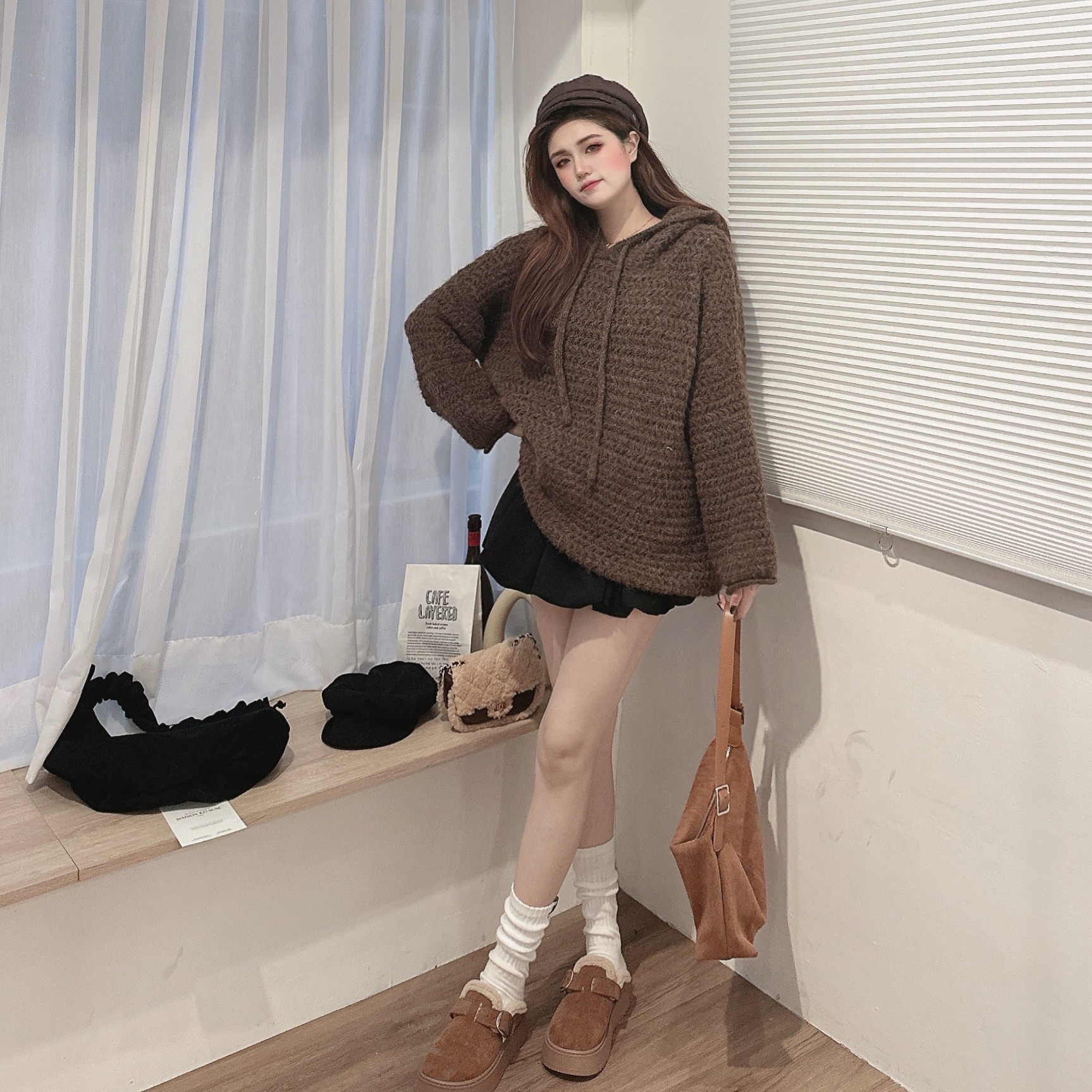 羊毛毛連帽粗針織毛衣/三色