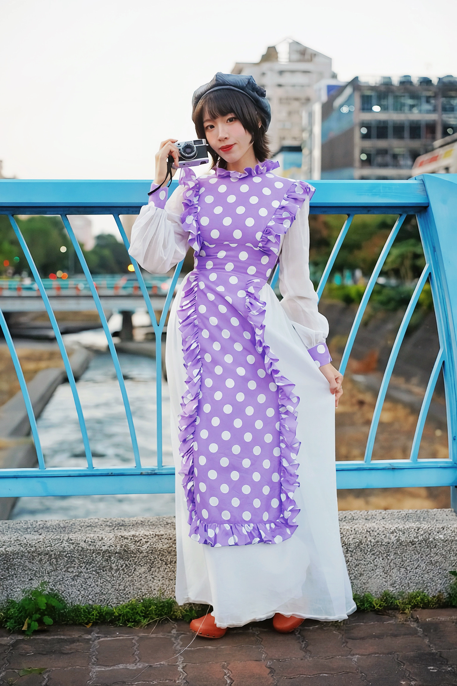 Vintage Dress / 美式葡萄紫圓點假兩件圍裙洋裝