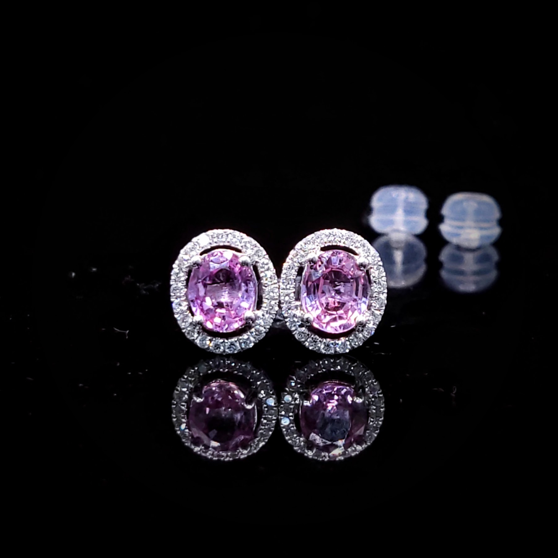 全新18K白金【主石1卡69份粉紅藍寶】配22份鑽石耳環