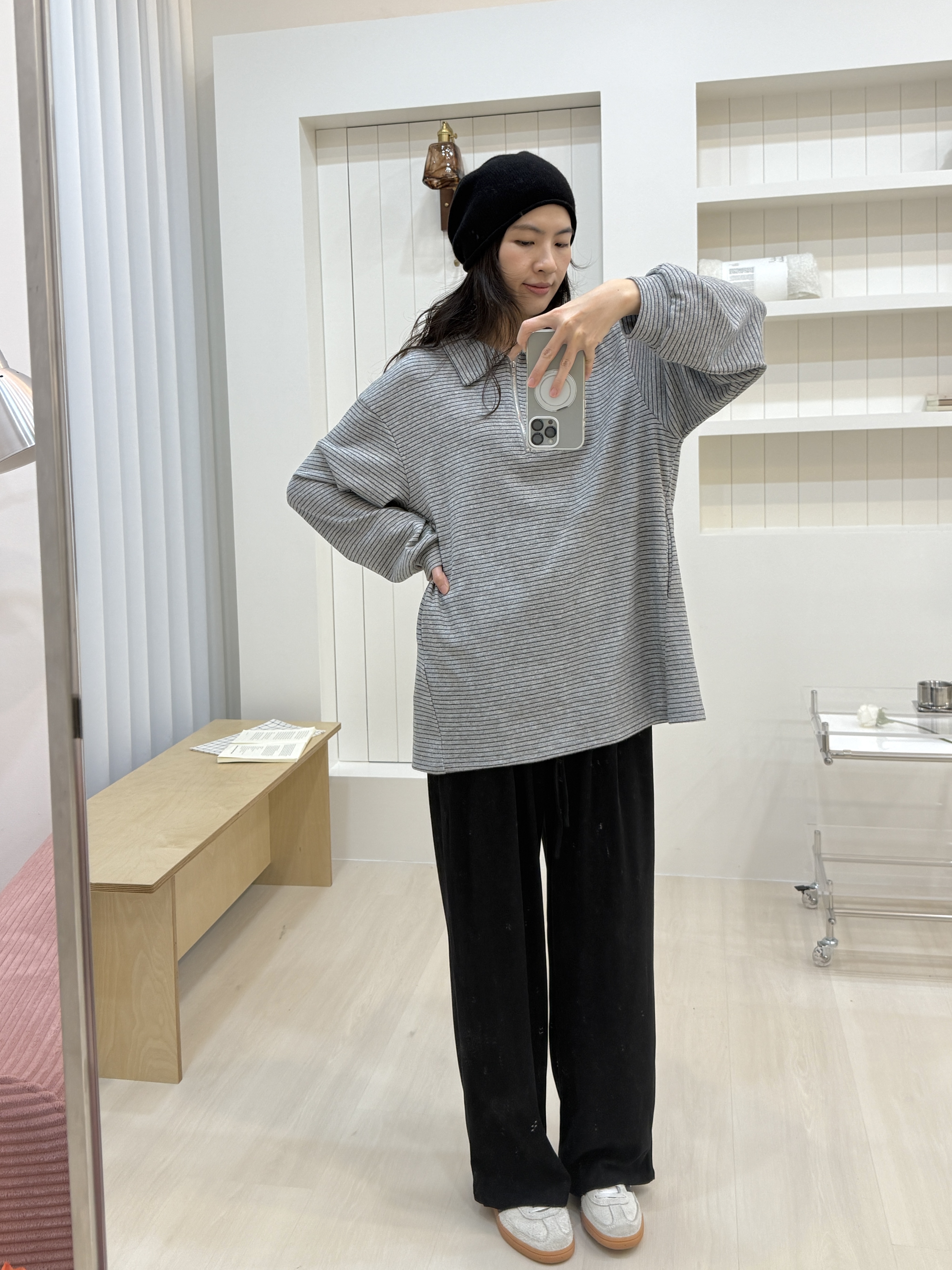 條紋半拉鍊側口袋大T