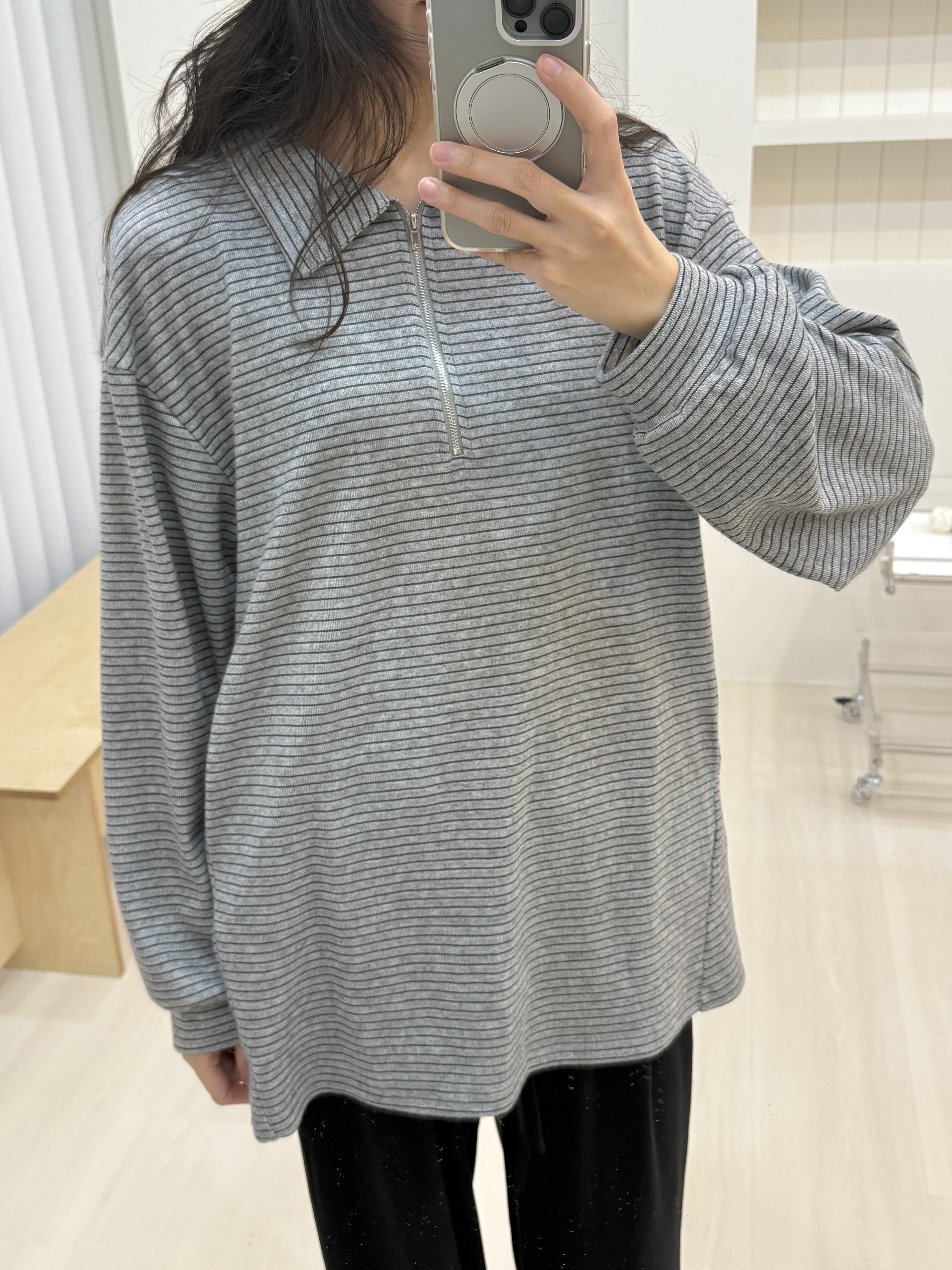 條紋半拉鍊側口袋大T