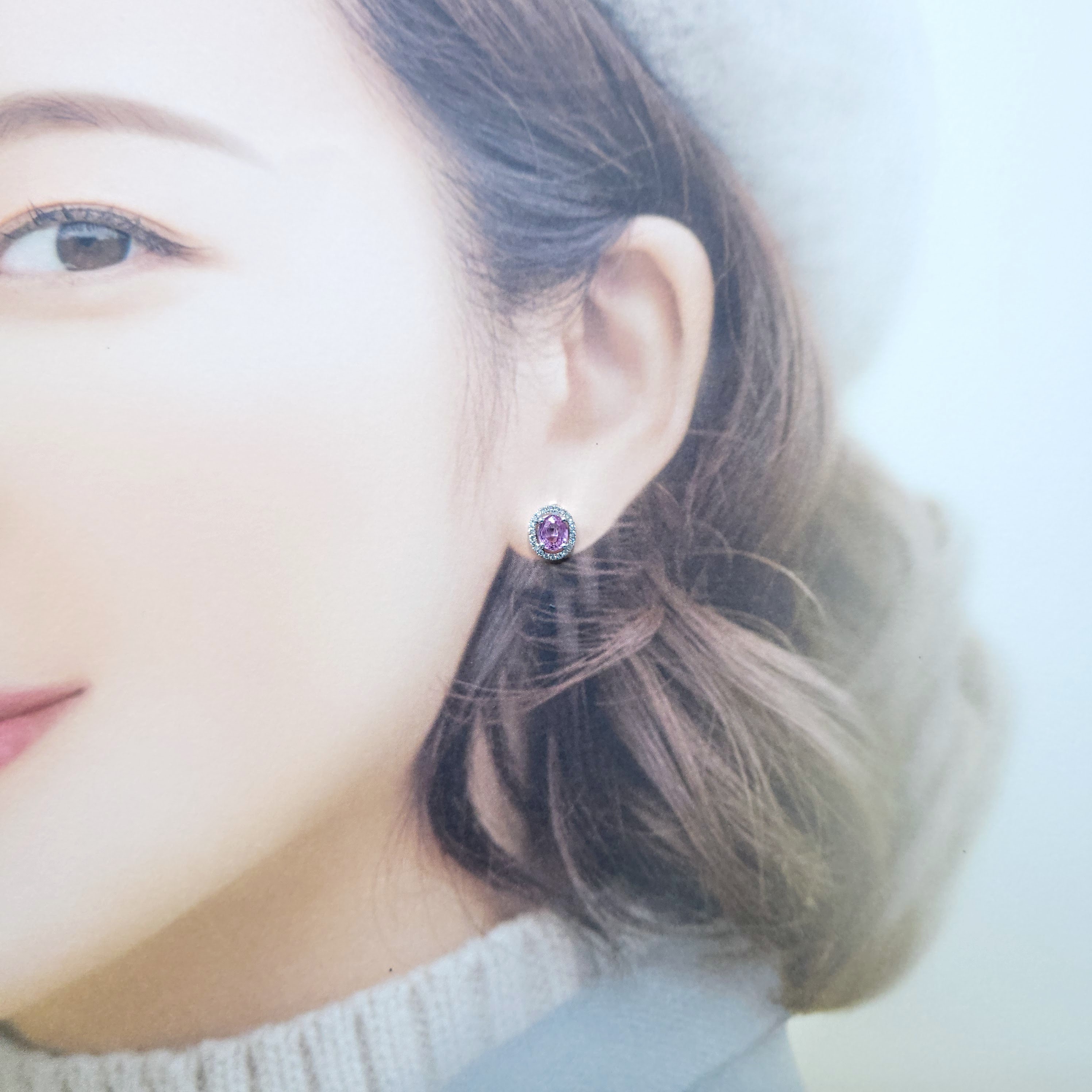 全新18K白金【主石1卡69份粉紅藍寶】配22份鑽石耳環