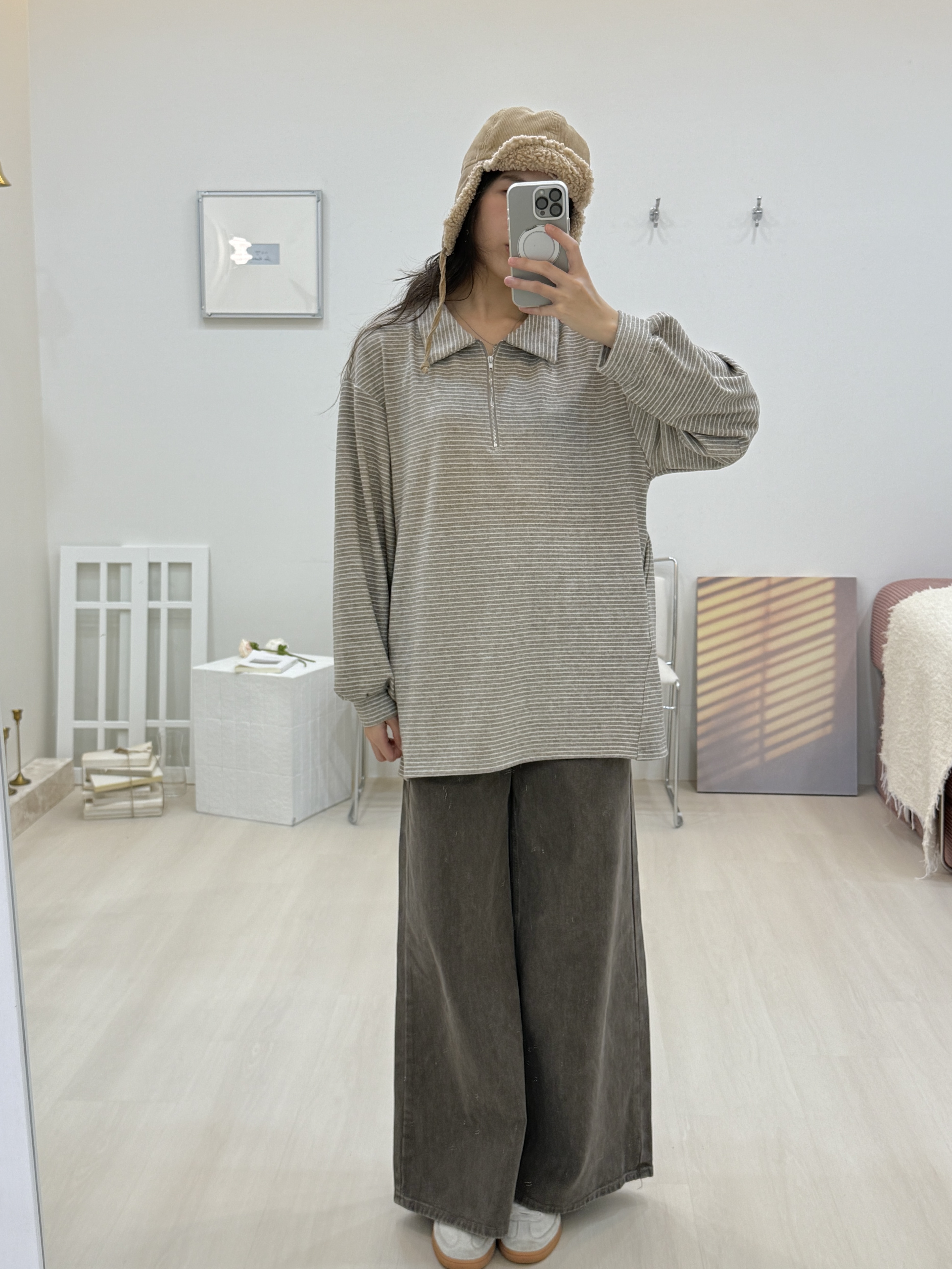 條紋半拉鍊側口袋大T*3色