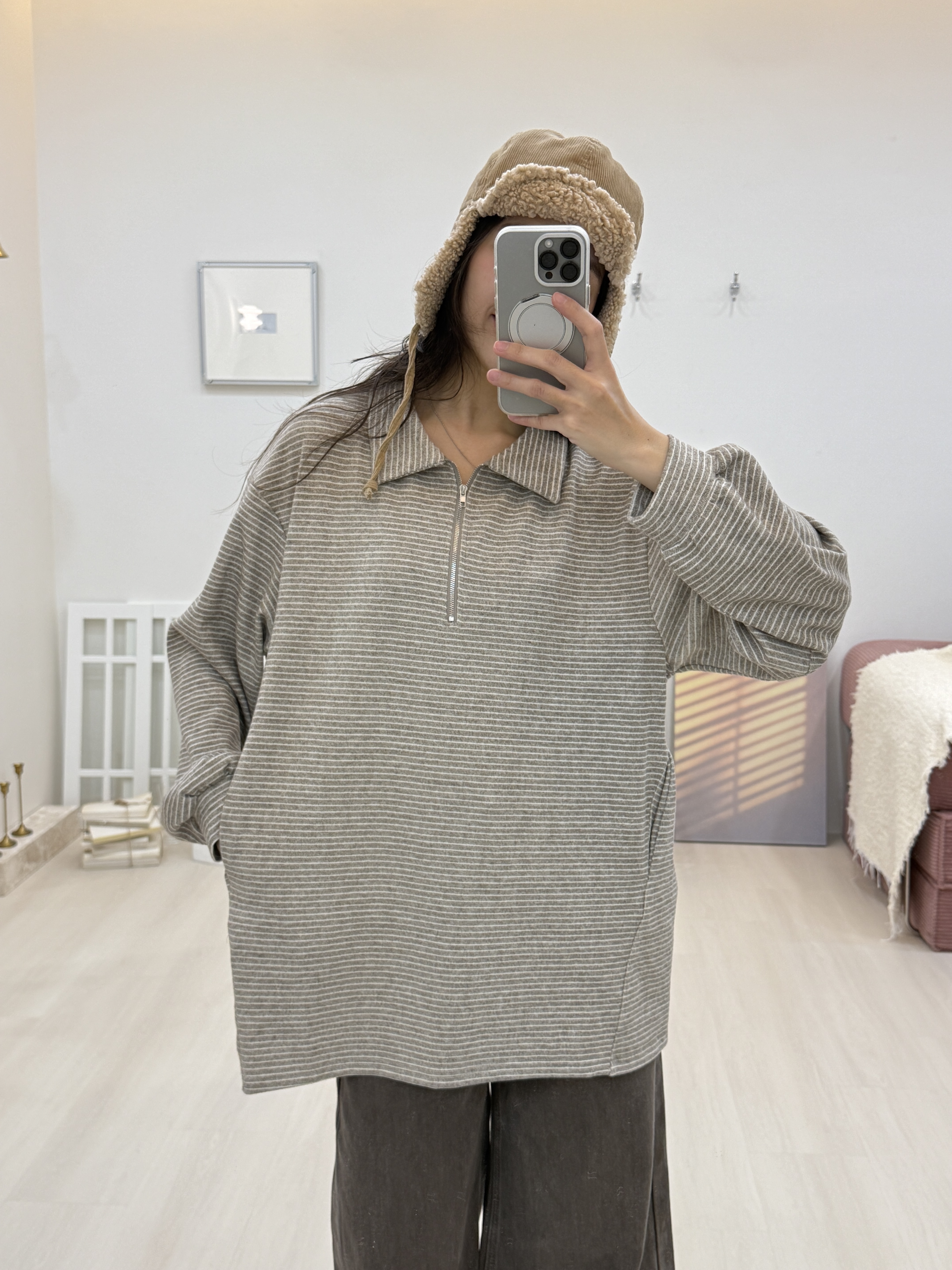 條紋半拉鍊側口袋大T*3色