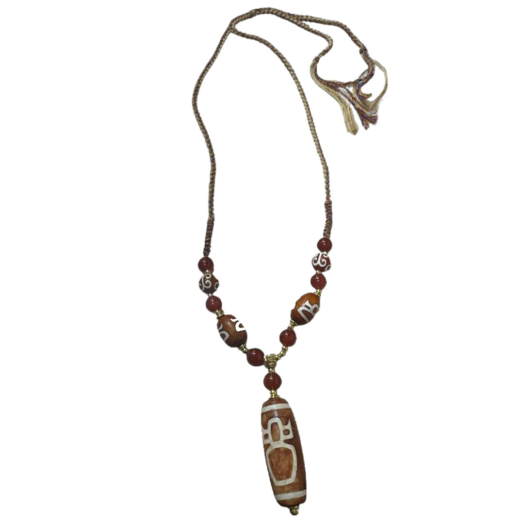 HKAF1214-008 木化石梭形財神天珠頸繩(A8)