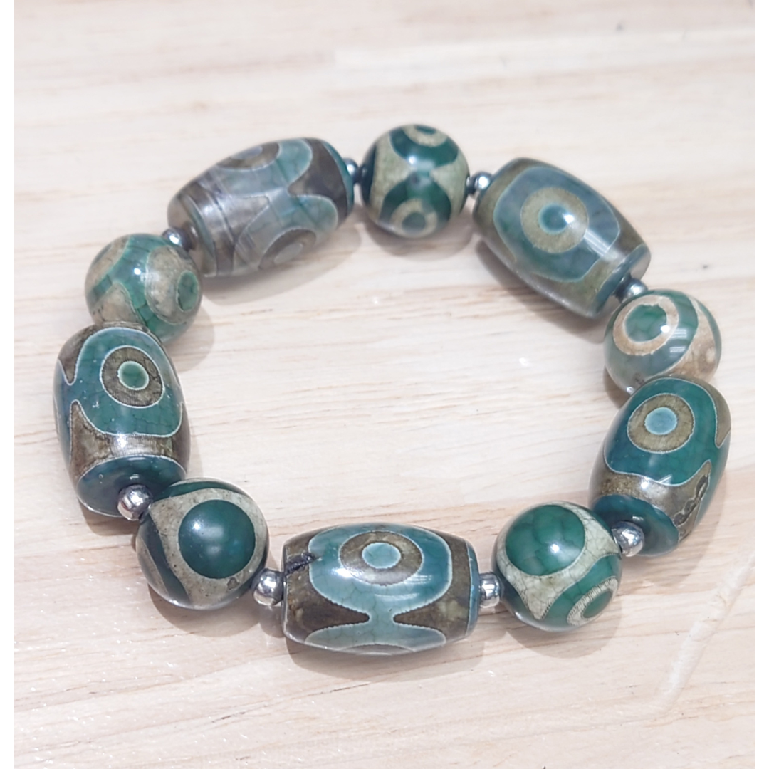 HKAF1214-006 三眼梭形圓形天珠藍瑪瑙14mm手串(經師傅開光)(A6)