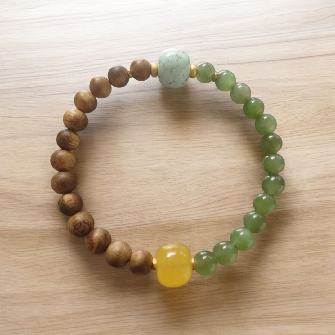 HKAF1214-017 天然越南綠棋楠6mm圓珠沉香手串[綠松石蜜蠟和田玉設計款]附送玻璃樽一個 (A17)