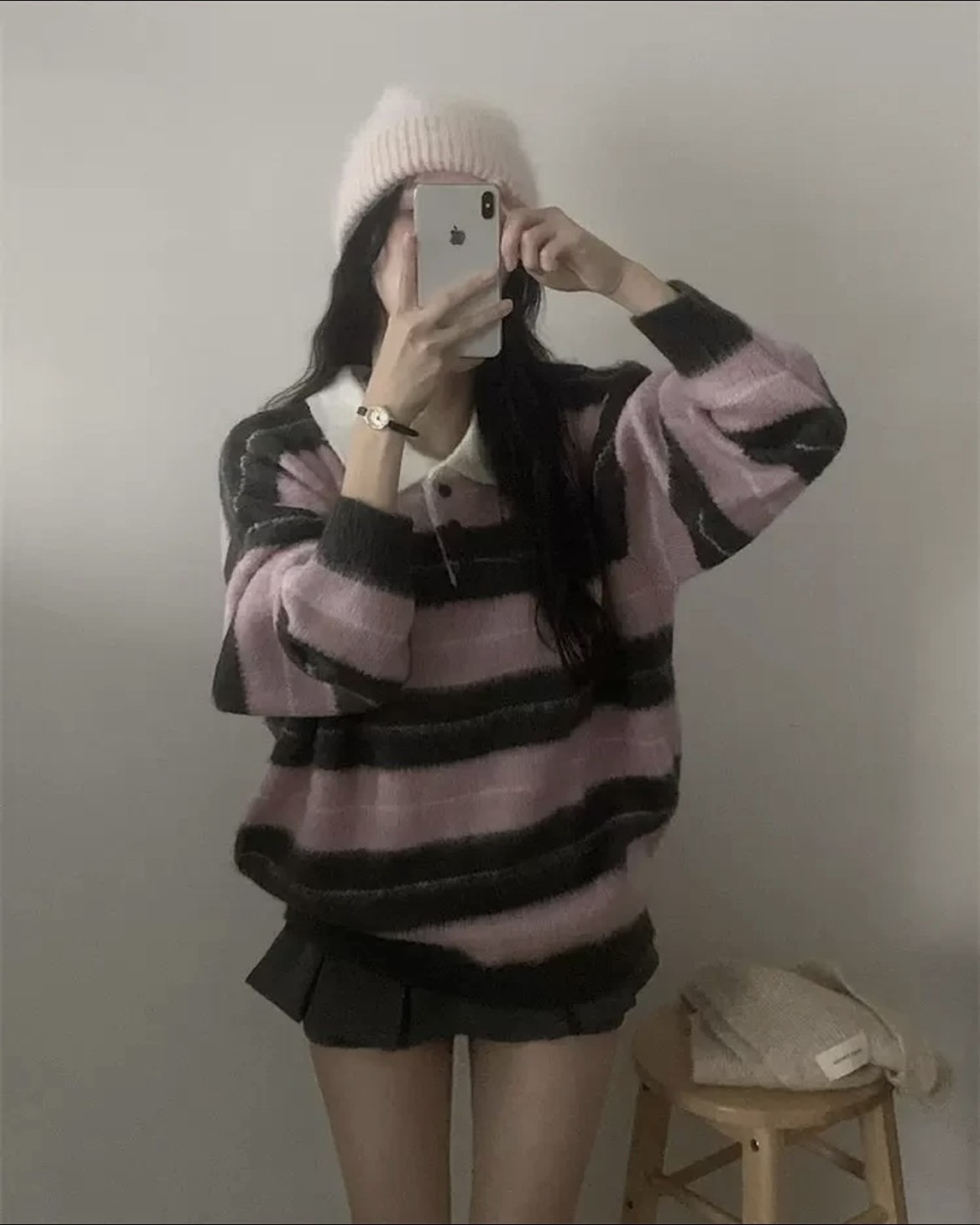 韓國 Miu系 馬海毛 條紋 亨利領 針織 長袖 四色