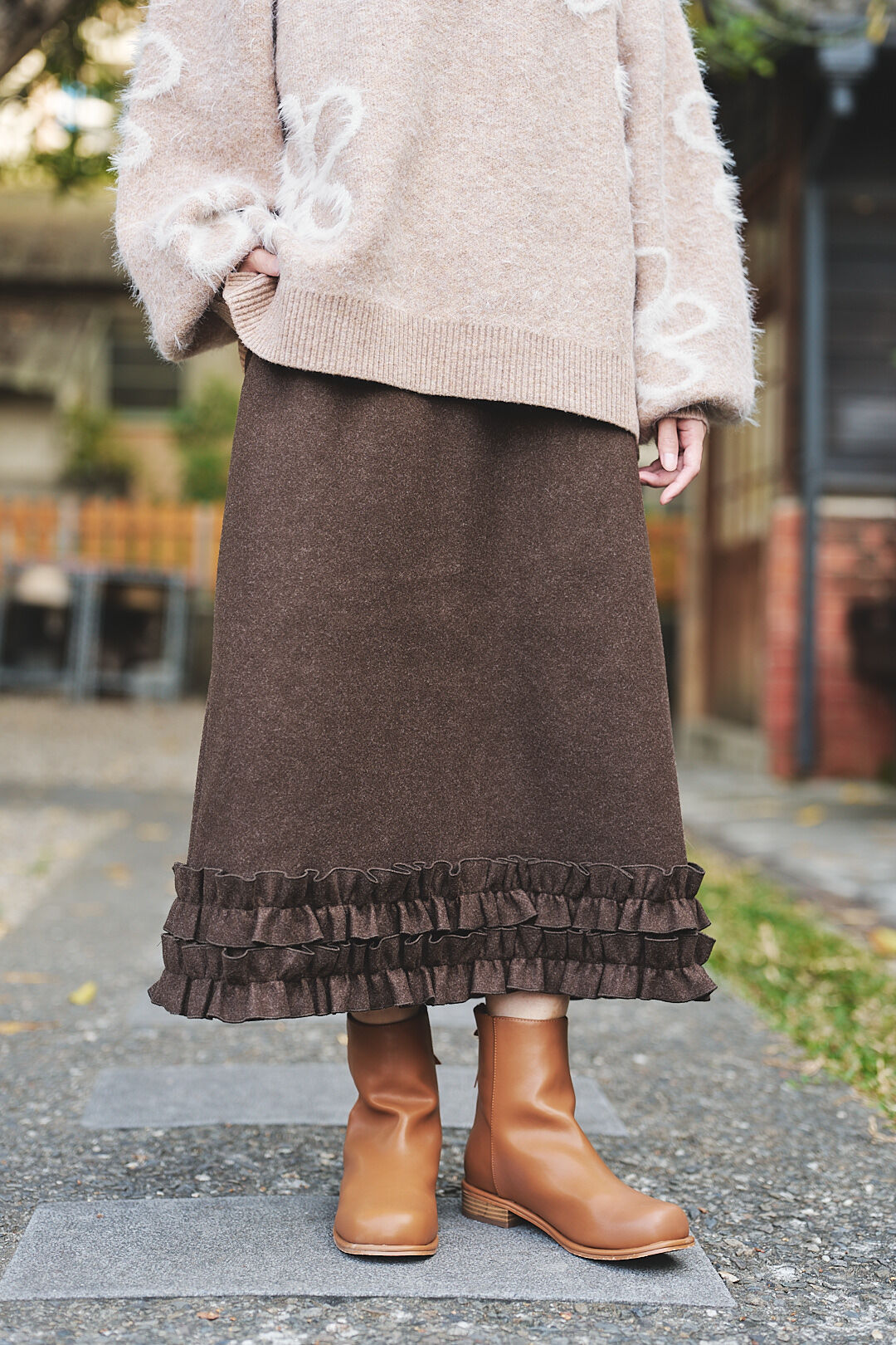 (限量)倫敦霧時分！毛呢荷葉邊裙(兩色-咖啡)