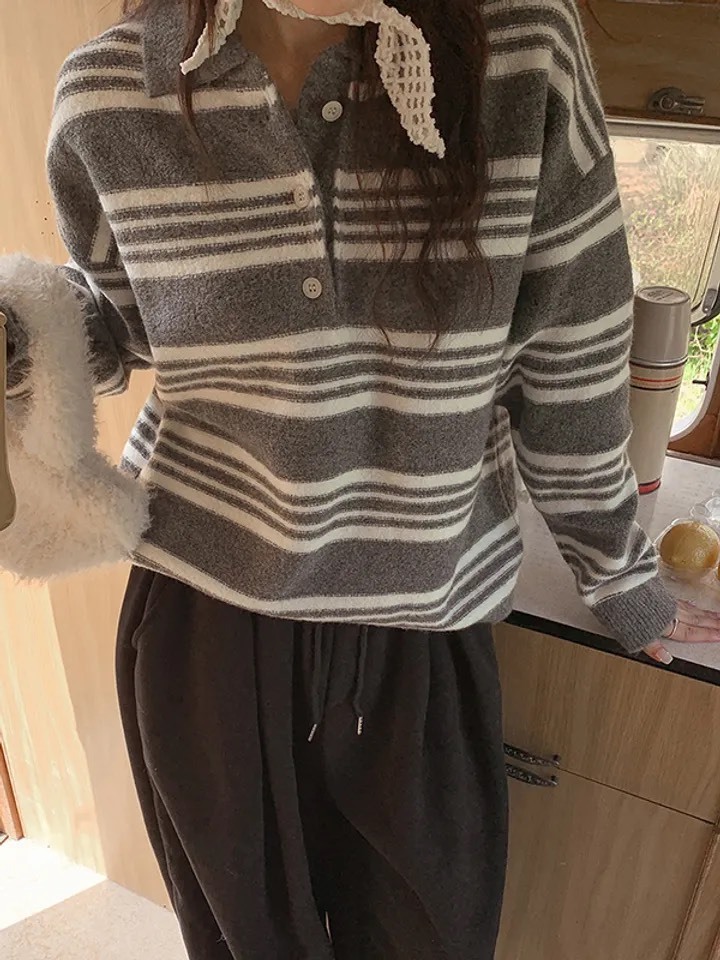 韓國 條紋 磨毛 翻領 Miu系 針織 長袖 三色