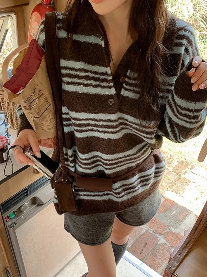 韓國 條紋 磨毛 翻領 Miu系 針織 長袖 三色