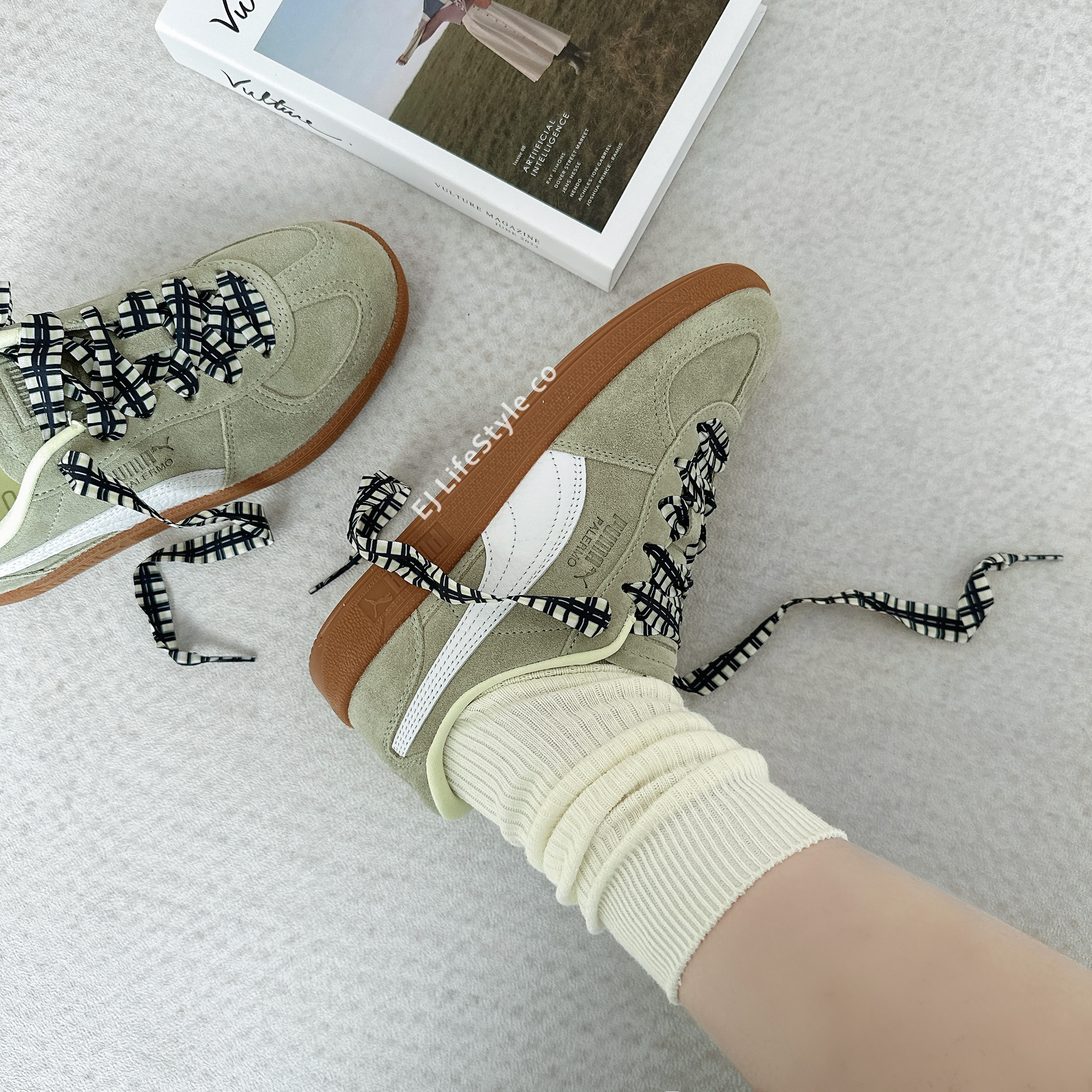 PUMA PALERMO LACES 抹茶焦糖 綠白 格紋緞帶 麂皮 焦糖底 女鞋 404361-02 / 調貨