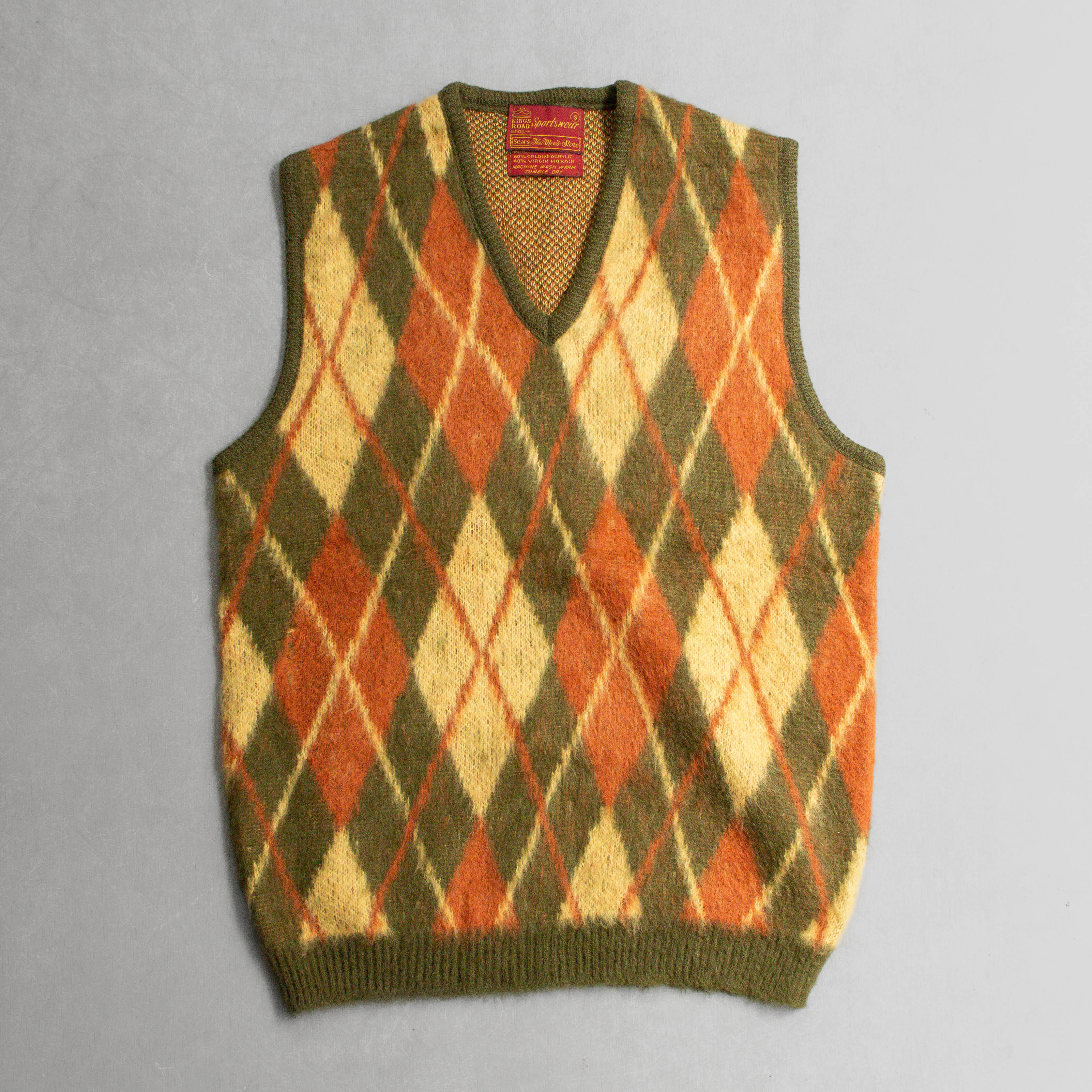 SEARS KINGS ROAD MOHAIR VEST 美國 橘綠 菱格紋 馬海毛 針織 背心