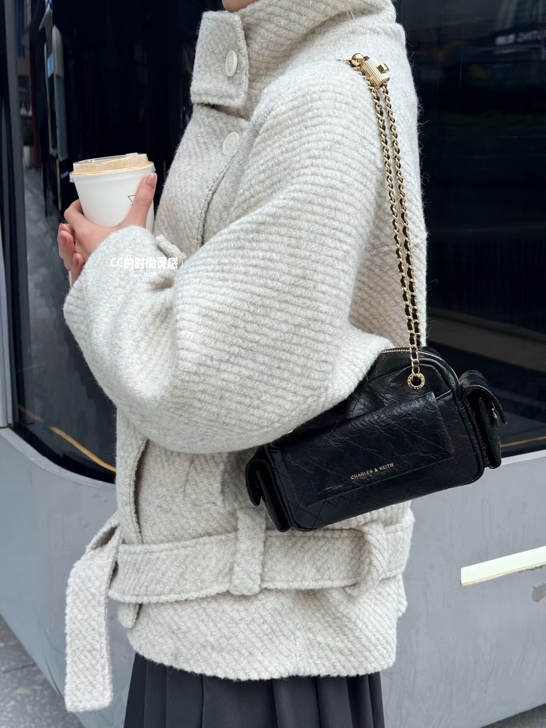 【預購】Charles&Keith 菱格鍊條口袋機車包 小CK