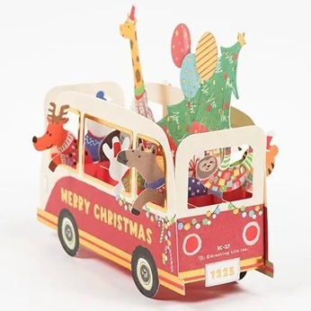 日本Greeting Life．聖誕派對車車立體賀卡 動物 EC-37