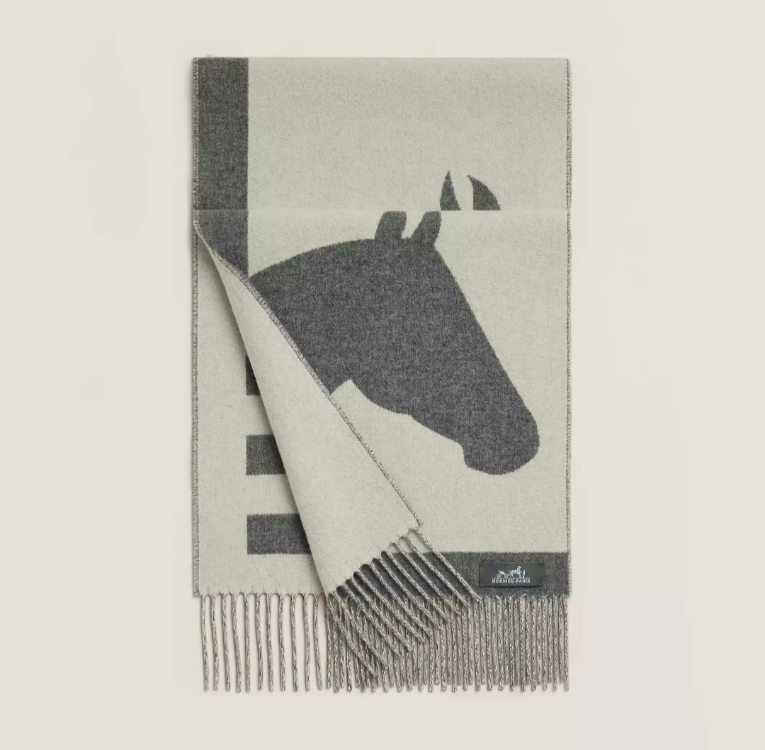 Hermes Casaque Love Story muffler Gris/Ivoire LEATHER TAG 頸巾 圍巾 新款皮革tag