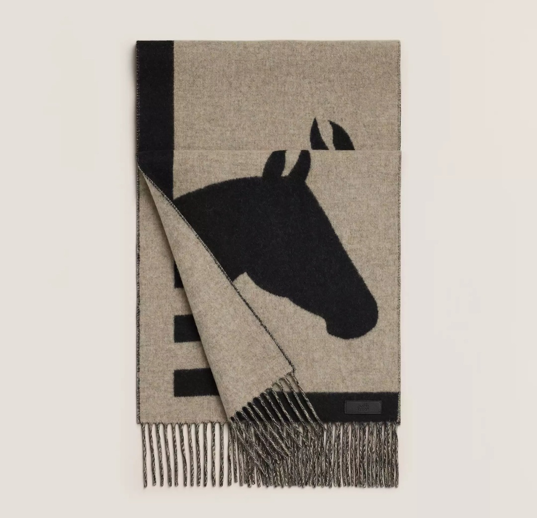 Hermes Casaque Love Story muffler noir/beige LEATHER TAG