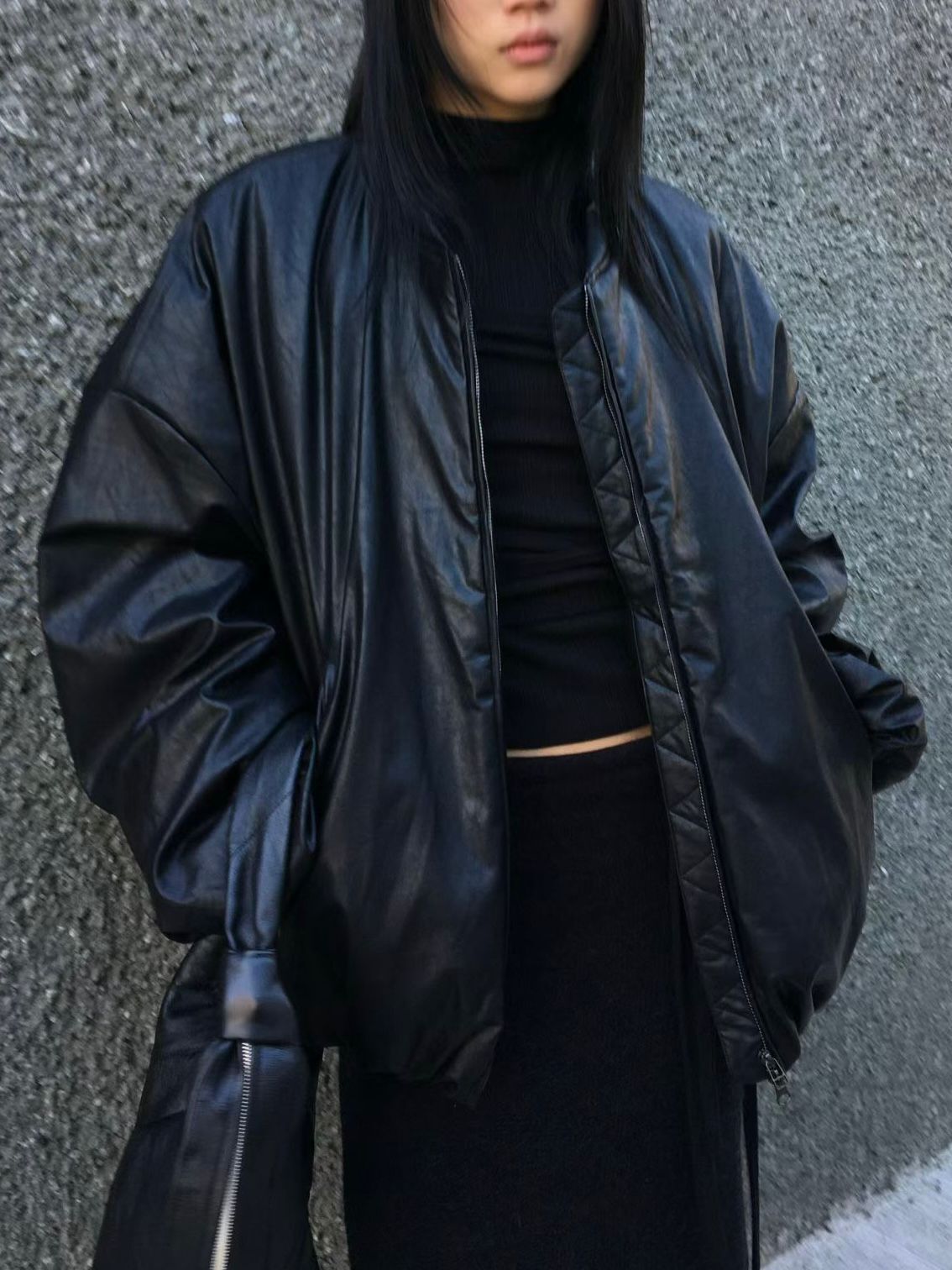 淨色拉鍊合成皮褸(夾棉) GARMENTS-017JK