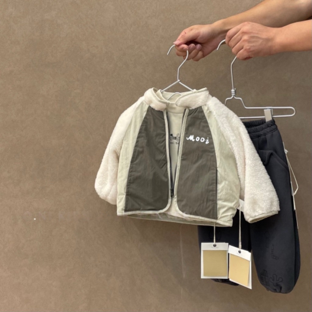 拼接毛毛薄絨飛行外套