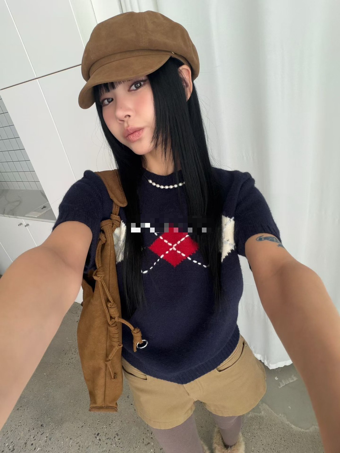 菱格交叉附袖套針織衫