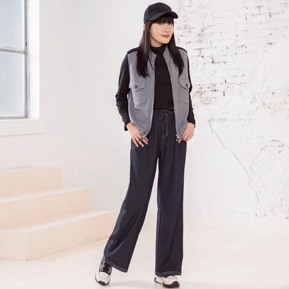 韓版腰頭＆褲口配色剪裁綁繩造型修身闊腿休閒長褲X6311