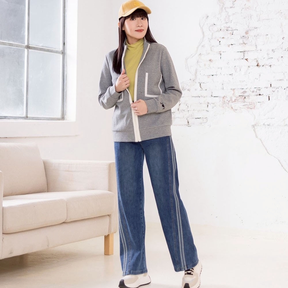 韓版學院風運動織帶造型修身闊腿牛仔長褲X6281