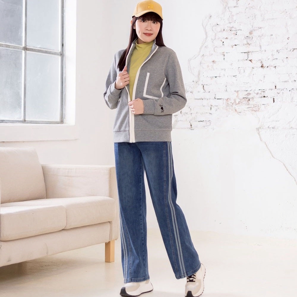 韓版學院風運動織帶造型修身闊腿牛仔長褲X6281