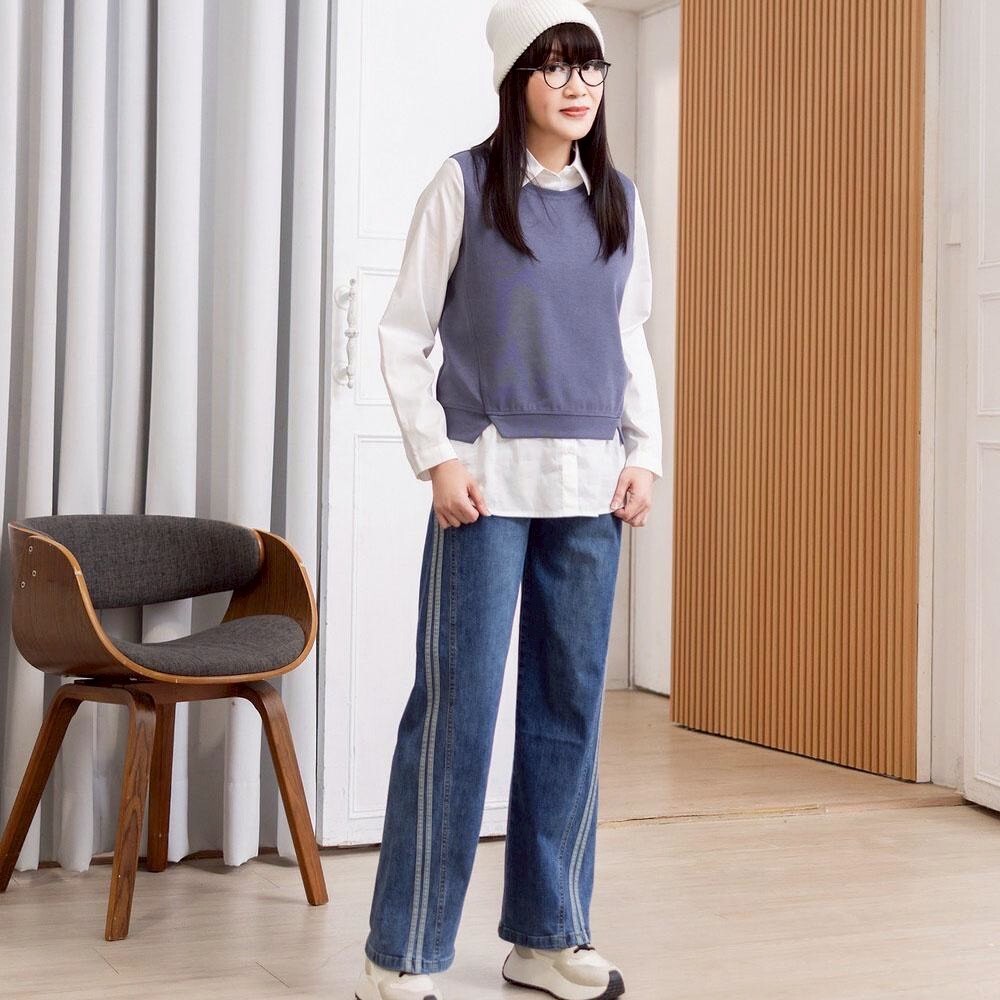 韓版學院風（假兩件式背心+襯衫）釦子造型修身上衣X6571