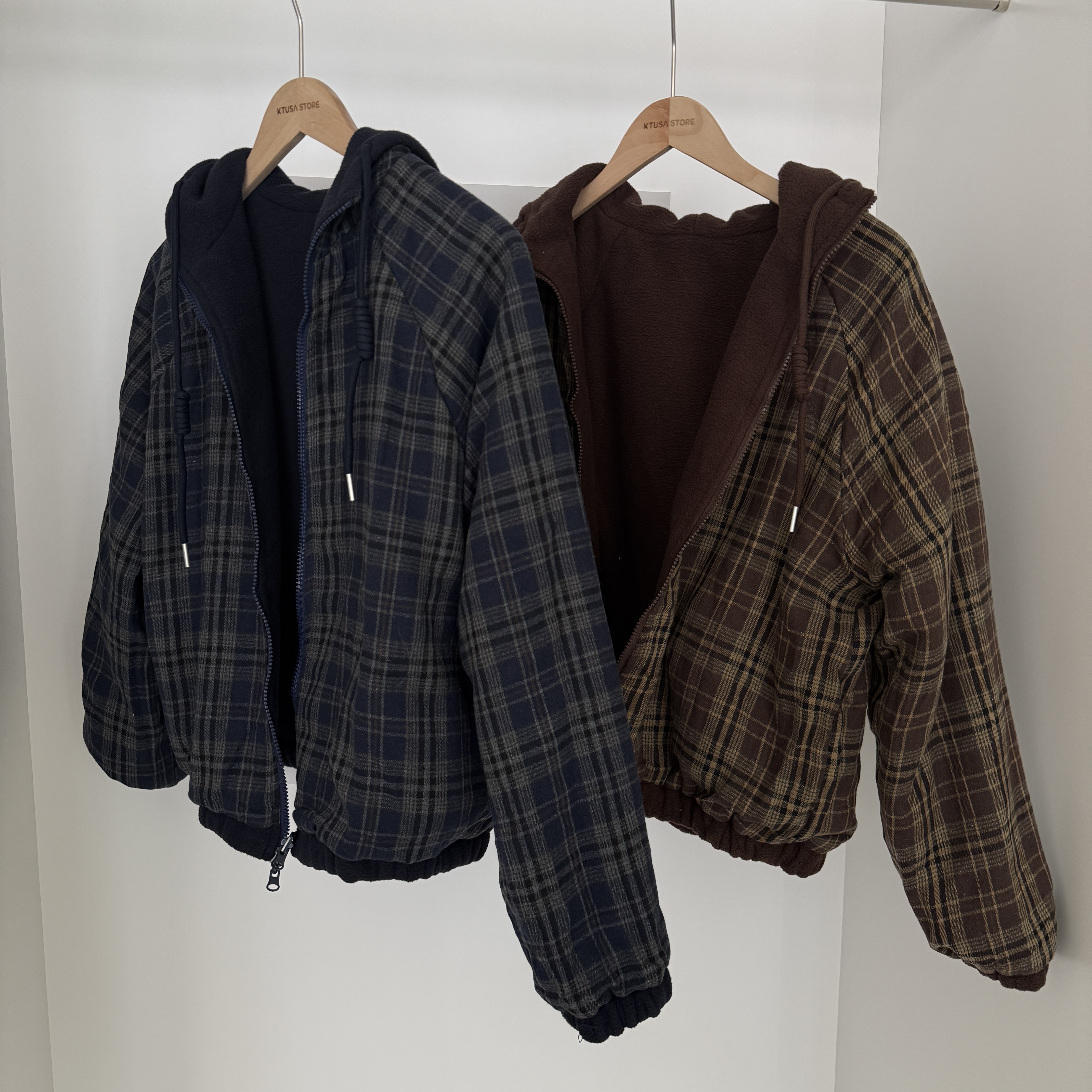 兩面穿格紋/毛絨連帽外套 814005