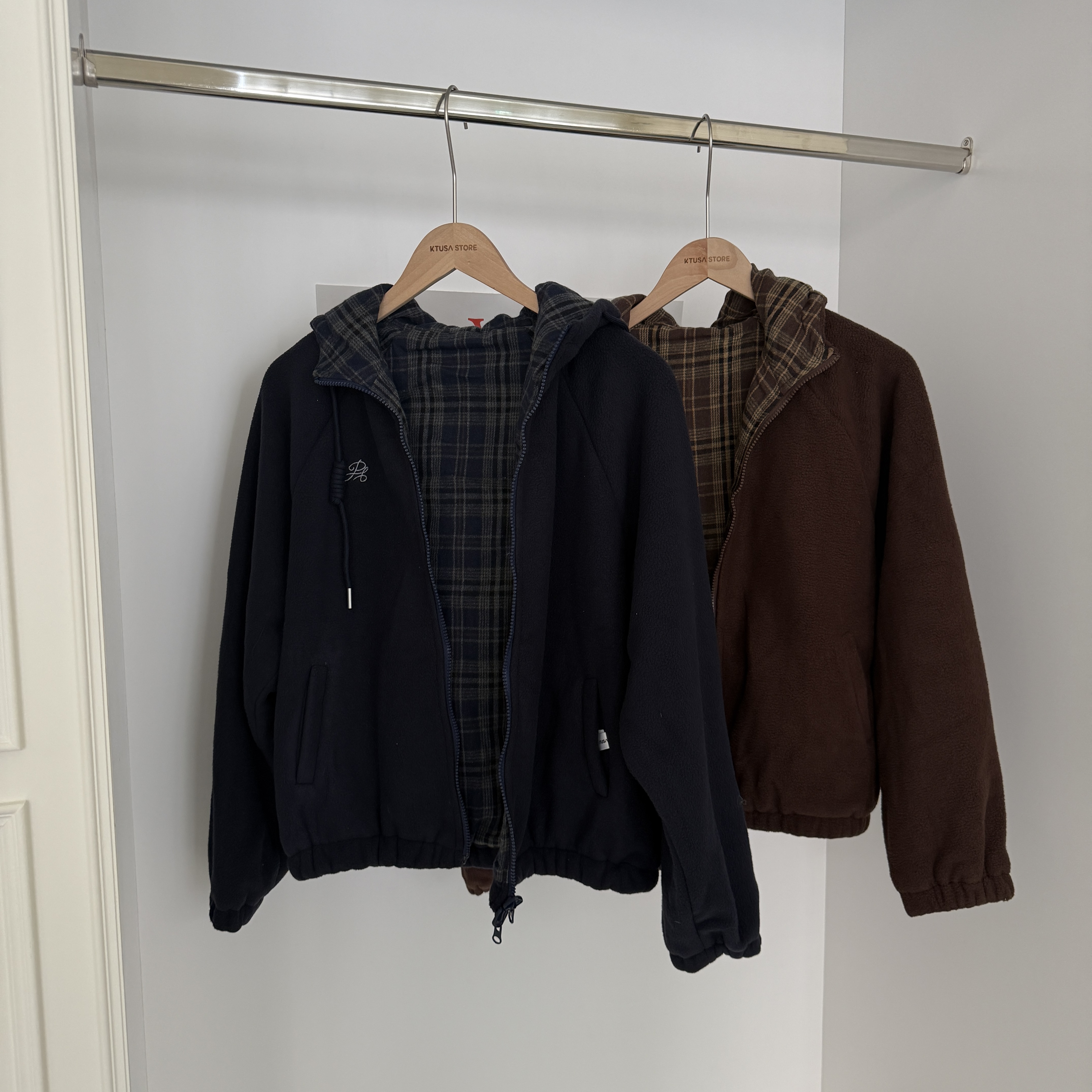 兩面穿格紋/毛絨連帽外套 814005