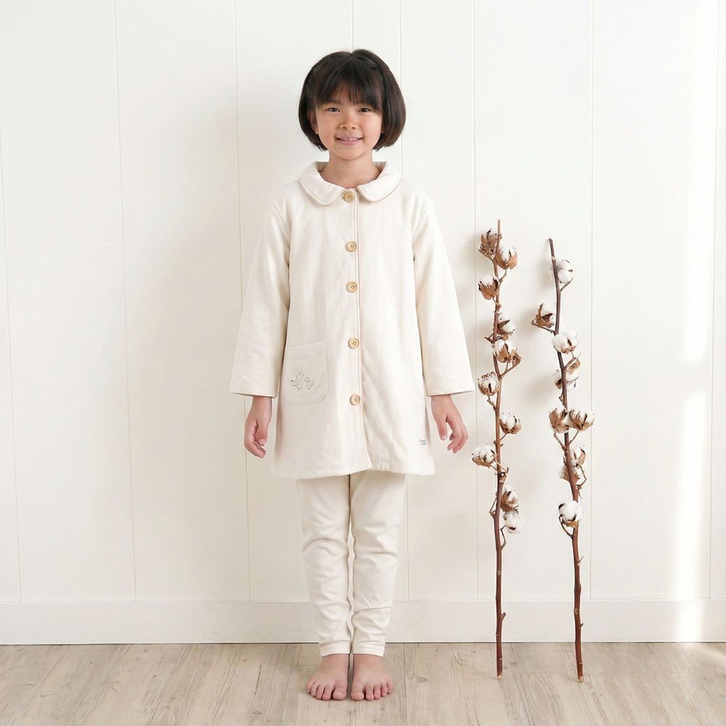 有機棉兒童鋪棉睡袍-母子鳥 | 藍天畫布有機棉